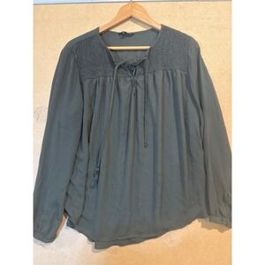 George Women XL Olive Green Smocked Peasant Blouse Lace Up Tassel Long SleeveTop